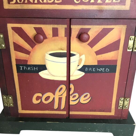 VTG Sunrise Coffee Storage Cabinet Hand-Painted Dual Doors Lid Wood Rustic Red - Picture 5 of 10